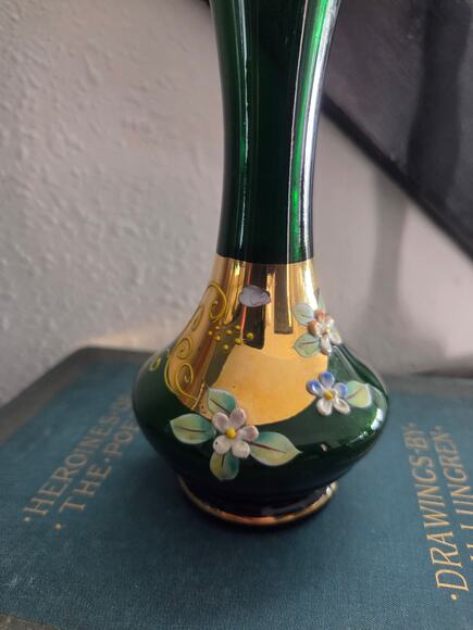 Bohemian Green Glass Vase 7" with Enamel Flowers & 22KT Gold Gilt Decoration - Picture 2 of 10